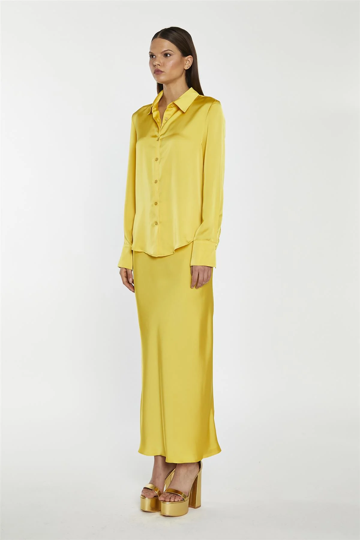 Yellow Satin Bias-Cut Midi-Skirt - Image 5