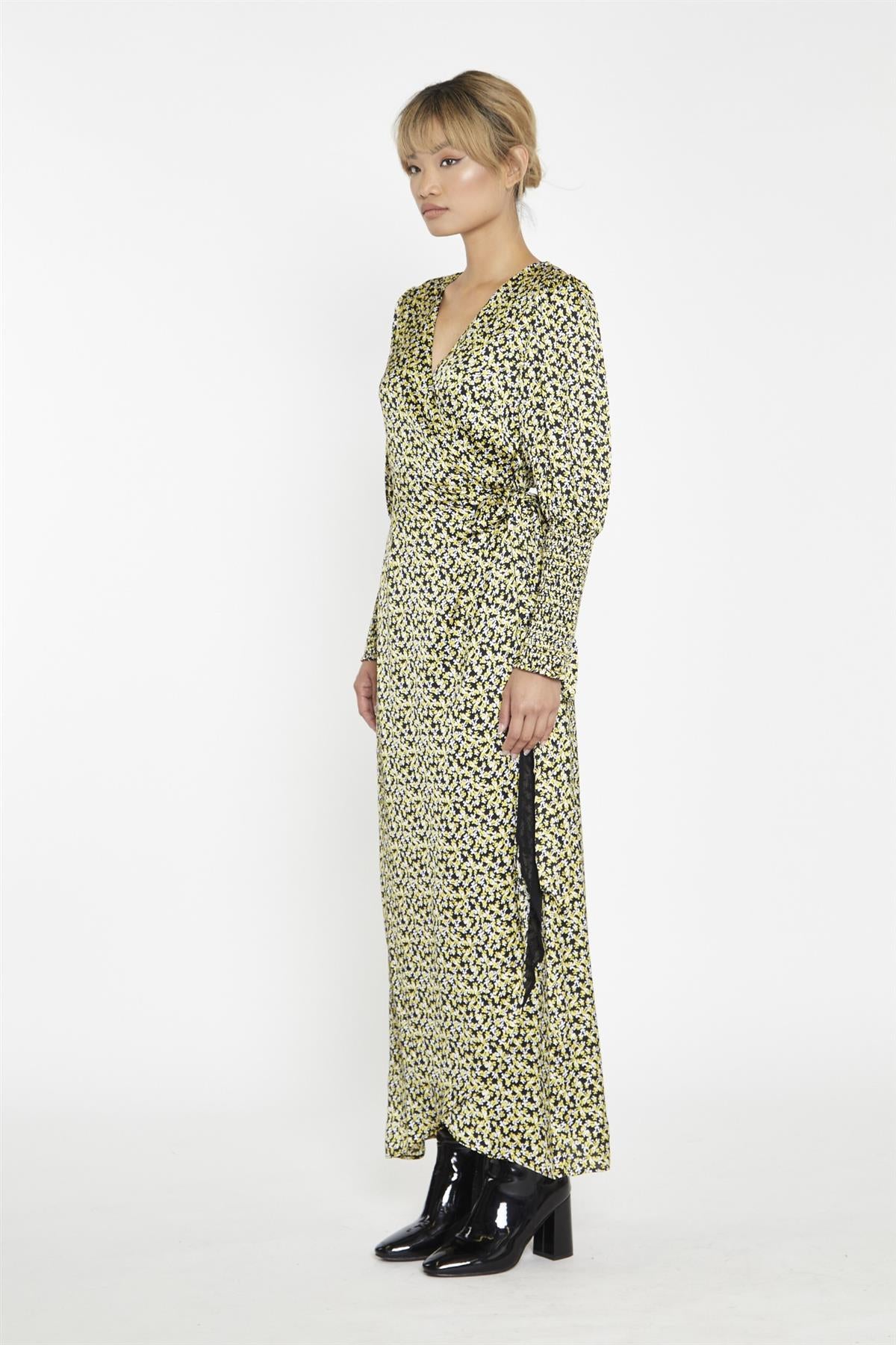 Yellow Splodgy-Floral Wrap Maxi-Dress - Image 4