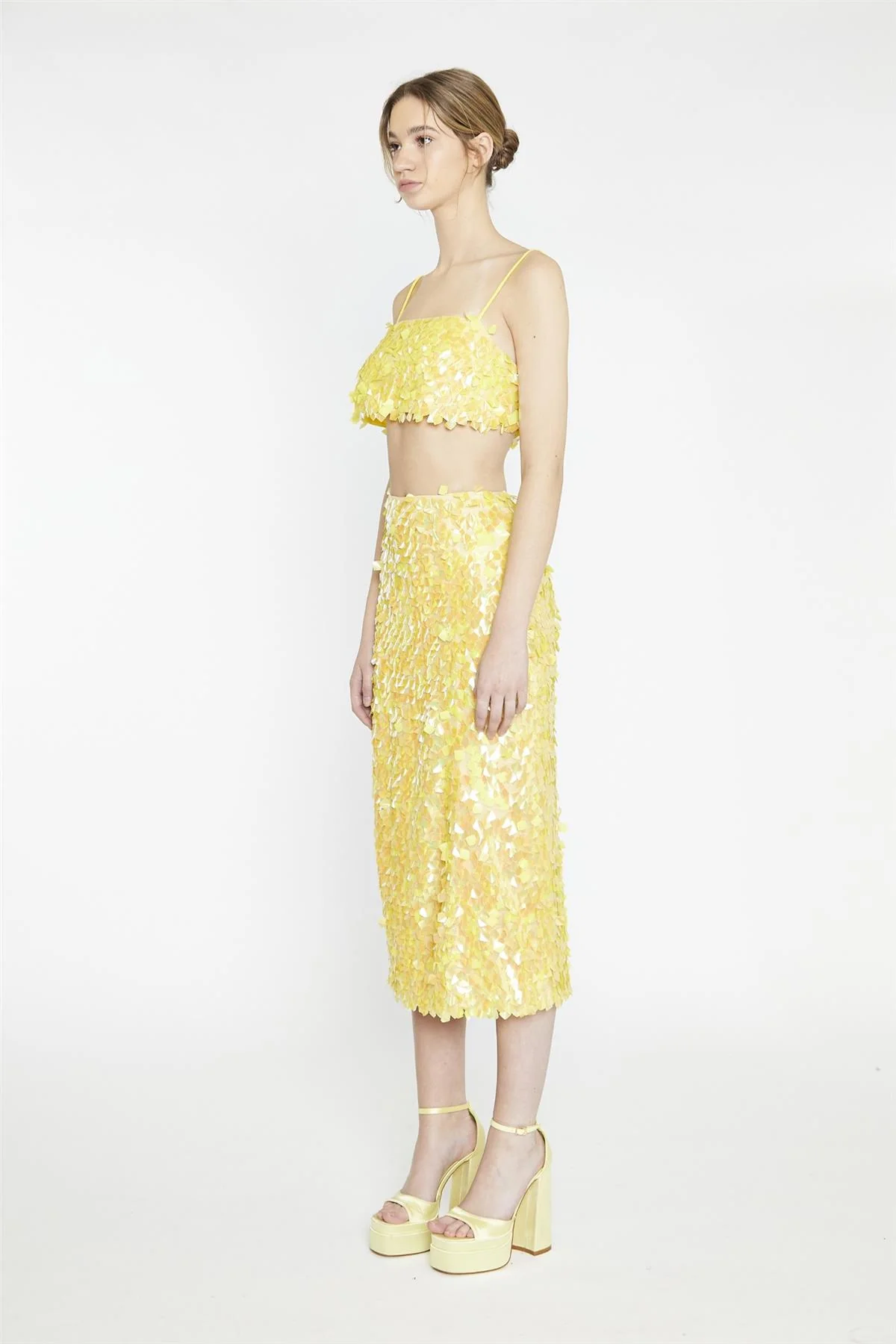 Yellow-Square-Sequin Spaghetti-Strap Crop-Top