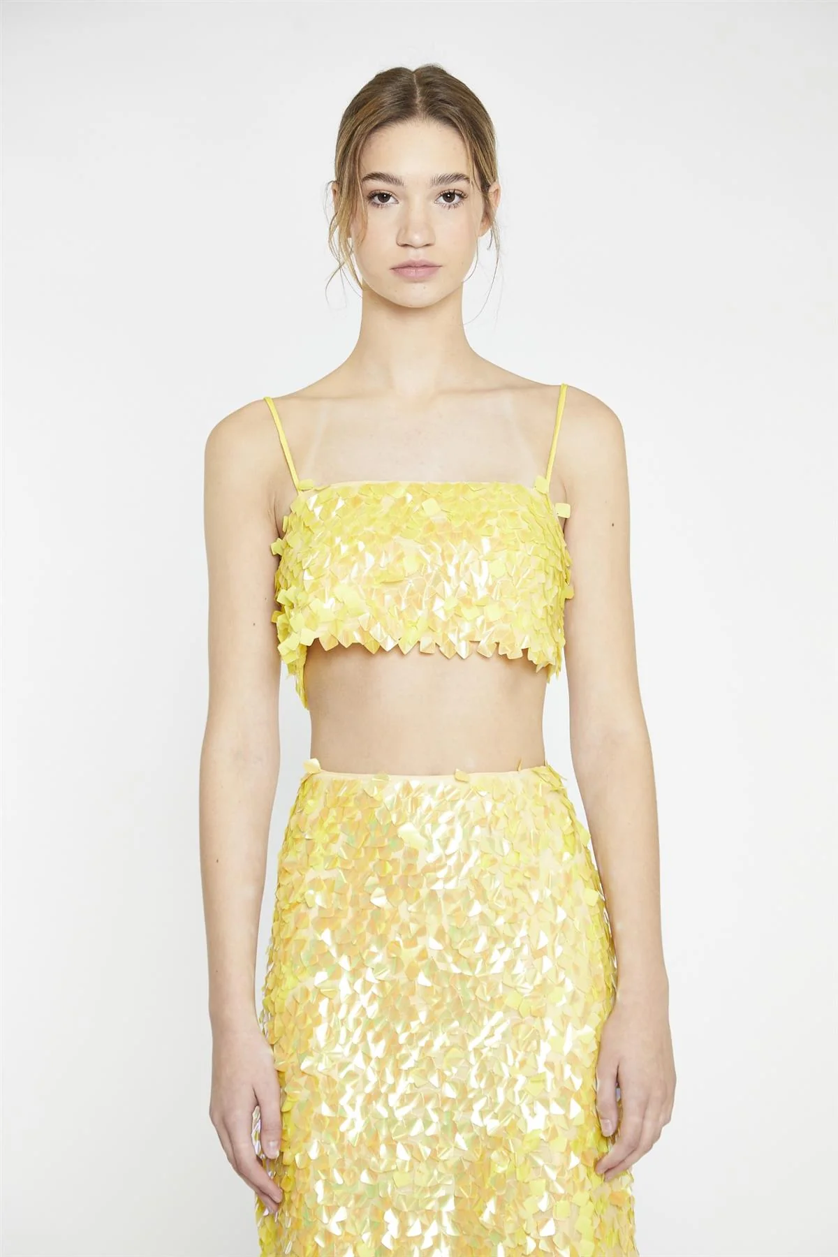 Yellow-Square-Sequin Spaghetti-Strap Crop-Top - Image 3