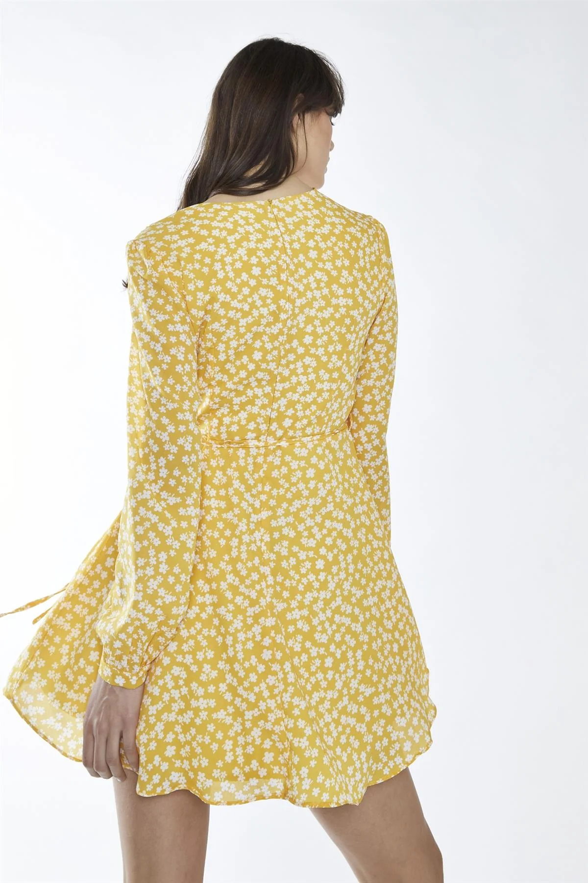 Yellow-White Ditsy V-Neck Skater Mini-Dress - Image 2