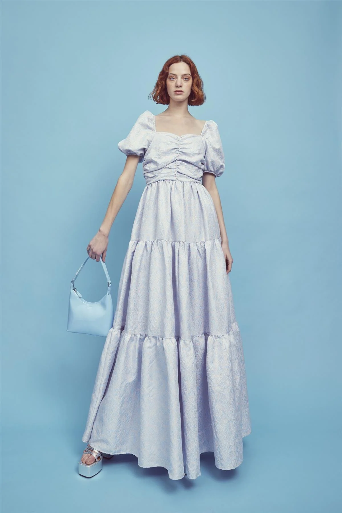 Zara Ruched Bodice Maxi Dress -Powder-Blue Daisies - Image 5