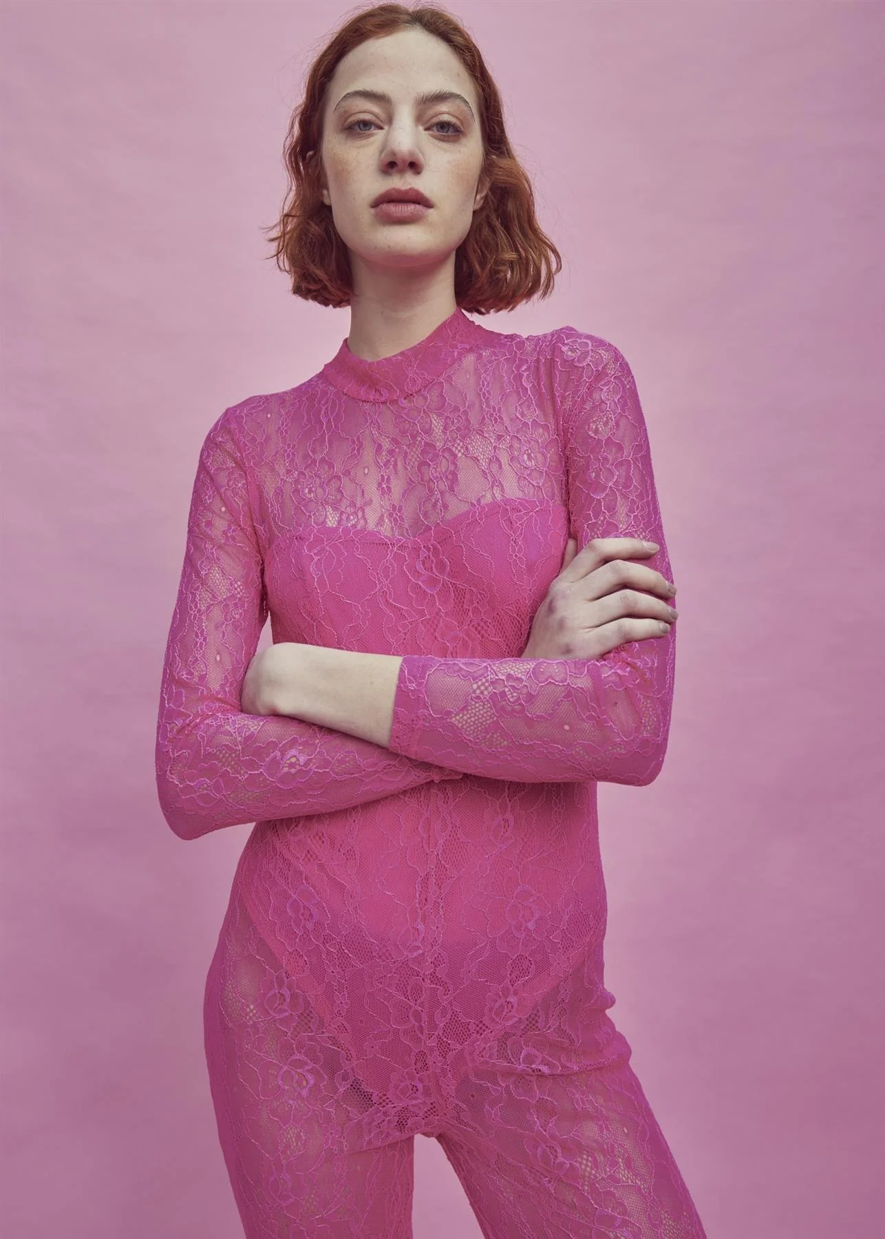 Zoe Lace Full Length Bodysuit -Bright-Pink - Image 4