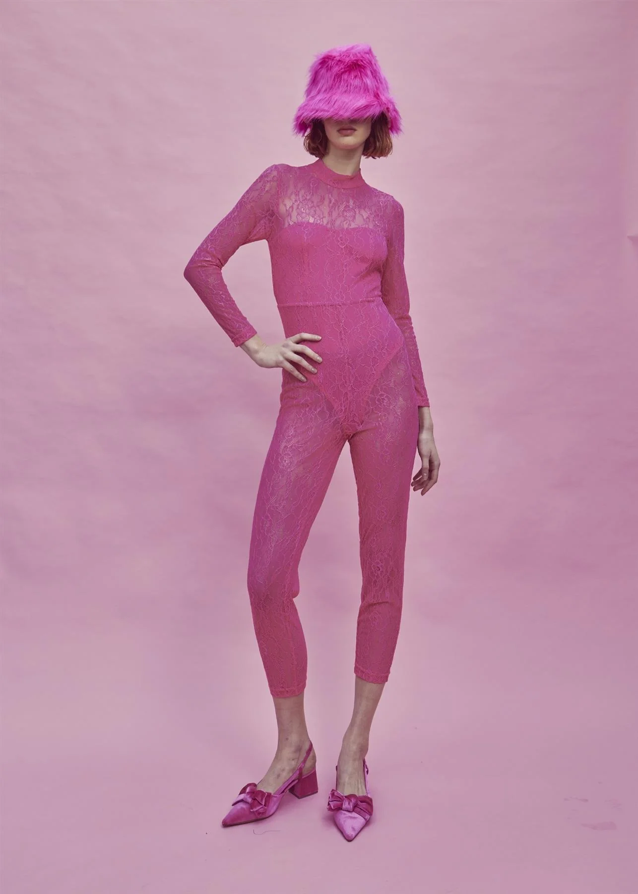 Zoe Lace Full Length Bodysuit -Bright-Pink - Image 5